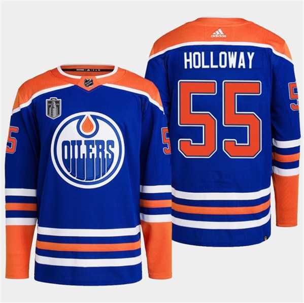 Mens Edmonton Oilers #55 Dylan Holloway Royal 2024 Stanley Cup Final Patch Stitched Jersey Dzhi